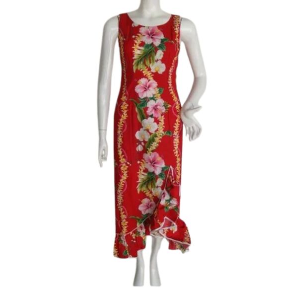 Vintage Dresses & Skirts - ROYAL CREATIONS Maxi Dress, S, Red, Floral, Ruffled Asymmetrical Hem, Sleeveless